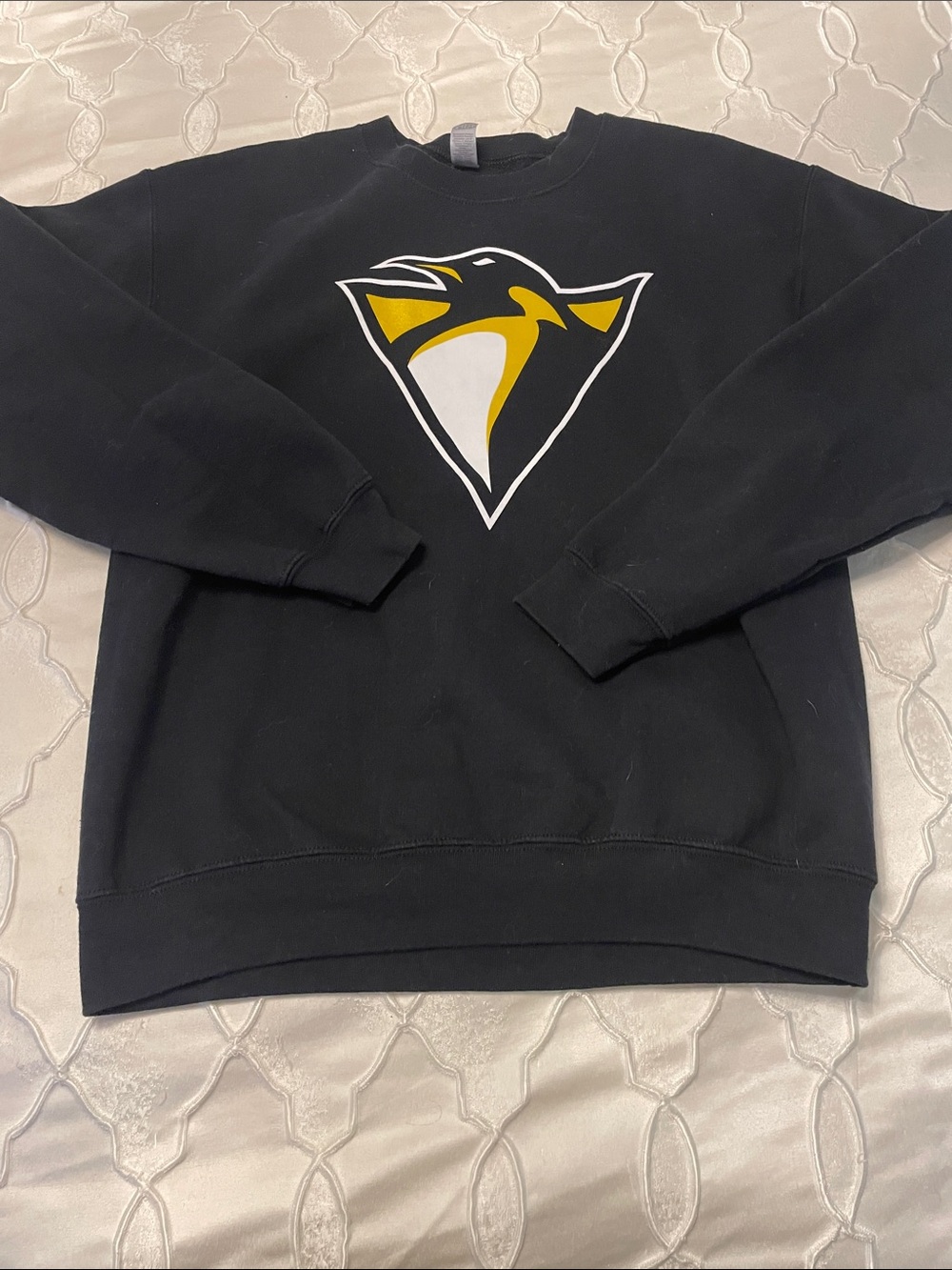 Gildan Black Crewneck with Yellow & White Penguin Emblem